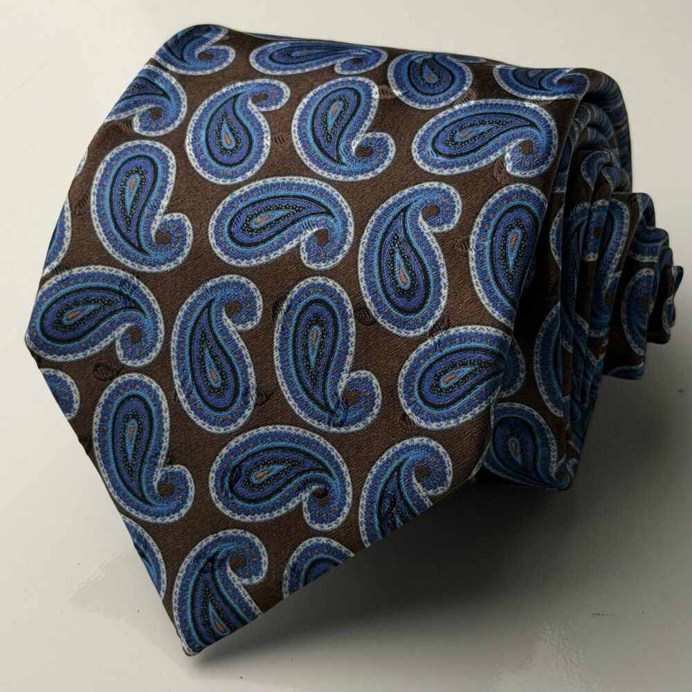 Ermenegildo Zegna Tie Brown Blue Silk Paisley Made In Italy Necktie